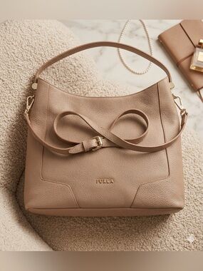 Furla Michelle Medium Pebbled Calfskin Leather Shoulder/cross Bag in Light Beige